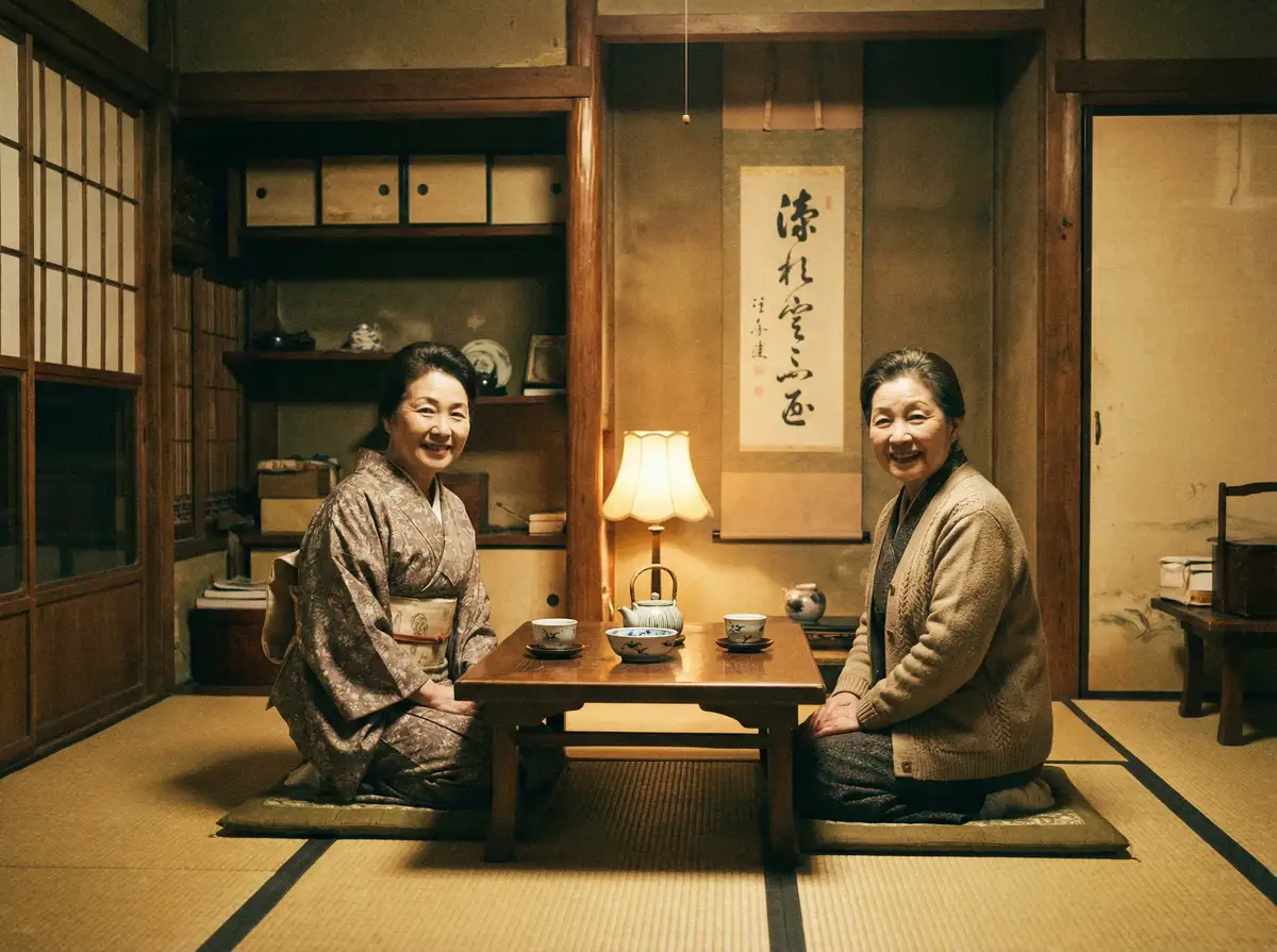 两位优雅的 杏tv 在日式茶室中品茶交谈